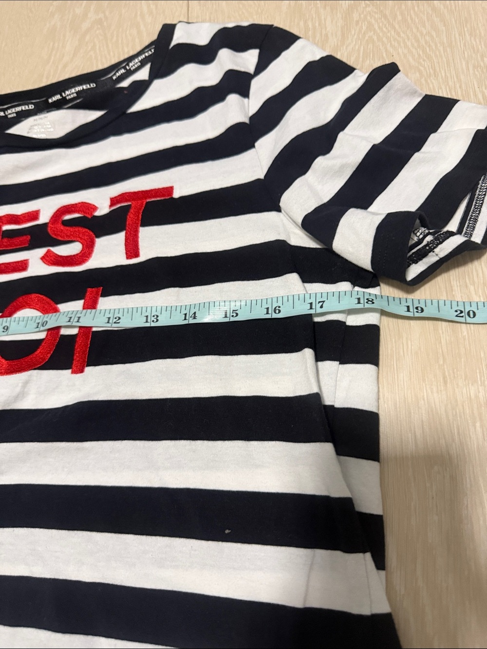 Karl Lagerfeld C’est Moi Black & White Striped Short Sleeve Tee with Red Graphic - Picture 6 of 8